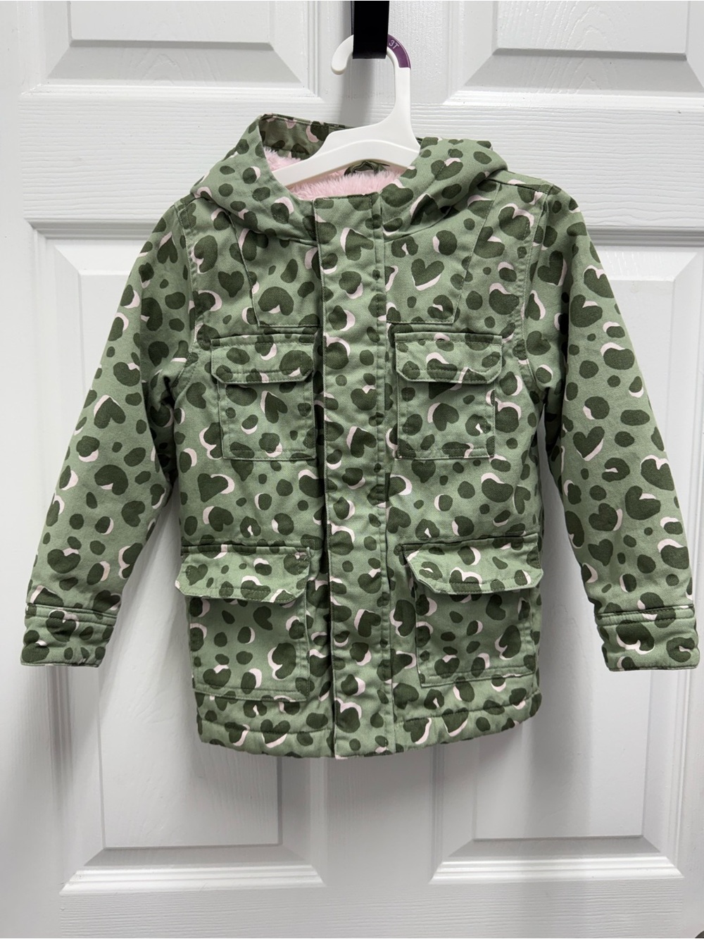 Cat & Jack Girls 3T Green Leopard Print Pink Sherpa Hooded Jacket